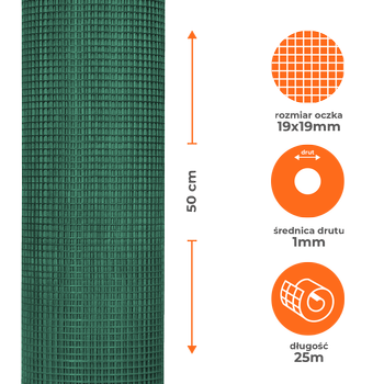Siatka zgrzewana ocynkowana powlekana PVC 0,5x25m, oczko 19x19mm, drut 1mm