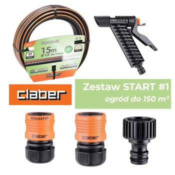 Zestaw START#1 CLABER dla ogrodów do 150m²: wąż Top Black Ø1/2” 15m CLABER 9037 + pistolet CLABER 8966 + końcówka na kran 1/2" CLABER 8622 + szybkozłączka 1/2" Aquastop CLABER 8602 + szybkozłączka 1/2" CLABER 8606.