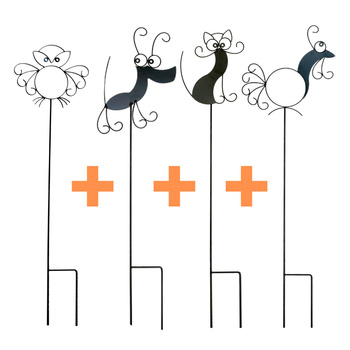 Podpory ogrodowe wbijane metalowe SOWA, PIES, KOT, KOGUT czarne - zestaw 4 szt.