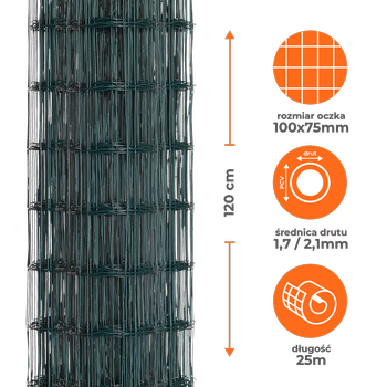 Siatka ogrodzeniowa zgrzewana powlekana PVC 1,2x25m zielona oczko 100x75mm
