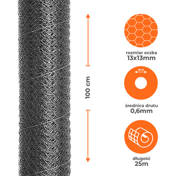 Siatka heksagonalna ocynkowana 1x25m, oczko 13x13mm drut 0,6mm