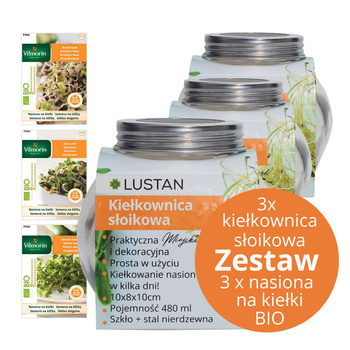 Gotowy zestaw do kiełkowania - 3 kiełkownice słoikowe szklane 400 ml LUSTAN + zestaw 3 kiełków BIO VILMORIN (rukola, brokuł, słonecznik)