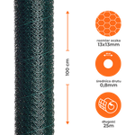 Siatka heksagonalna ocynkowana powlekana PVC zielona 1x25m oczko 13x13mm drut 0,8mm