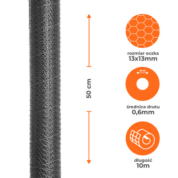 Siatka heksagonalna ocynkowana 0,5x10m, oczko 13x13mm drut 0,6mm