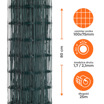 Siatka ogrodzeniowa zgrzewana powlekana PVC 0,8x25m zielona oczko 100x75mm