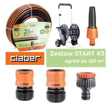 Zestaw START#3 CLABER dla ogrodów do 150m²: wąż Top Black Ø 1/2” 25m CLABER 9064 + wózek Ecosei CLABER 8980 + dysza CLABER 8616 + końcówka na kran ¾-1/2" CLABER 8591 + szybkozłączka 1/2" Aquastop CLABER 8602 + szybkozłączka 1/2" CLABER 8606
