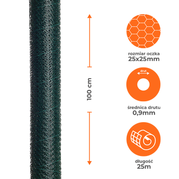 Siatka heksagonalna ocynkowana powlekana PVC zielona 1x25m oczko 25x25mm drut 0,9mm