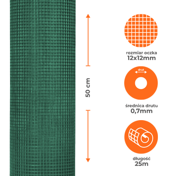 Siatka zgrzewana ocynkowana powlekana PVC 0,5x25m, oczko 12x12mm, drut 0,7mm