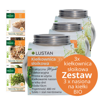 Gotowy zestaw do kiełkowania - 3 kiełkownice słoikowe szklane 400 ml LUSTAN + zestaw 3 kiełków BIO VILMORIN (rukola, cieciorka, pszenica)