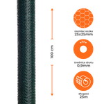 Siatka heksagonalna ocynkowana powlekana PVC zielona 1x25m oczko 25x25mm drut 0,9mm