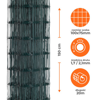 Siatka ogrodzeniowa zgrzewana powlekana PVC 1,5x20m zielona oczko 100x75mm