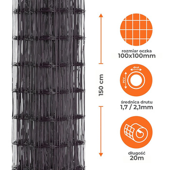 Siatka ogrodzeniowa zgrzewana powlekana PVC 1,5x20m antracyt oczko 100x100mm