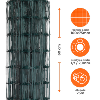Siatka ogrodzeniowa zgrzewana powlekana PVC 0,6x25m zielona oczko 100x75mm