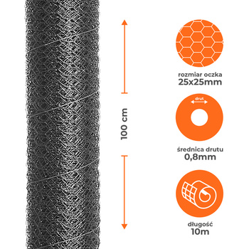 Siatka heksagonalna ocynkowana 1x10m, oczko 25x25mm drut 0,8mm