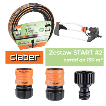Zestaw START#2 CLABER dla ogrodów do 150m²: wąż Top Black Ø 1/2” 15m CLABER 9037 + zraszacz wahadłowy Compact 160 CLABER 8740 + końcówka na kran 1/2" CLABER 8622 + szybkozłączka 1/2" Aquastop CLABER 8602 + szybkozłączka 1/2" CLABER 8606