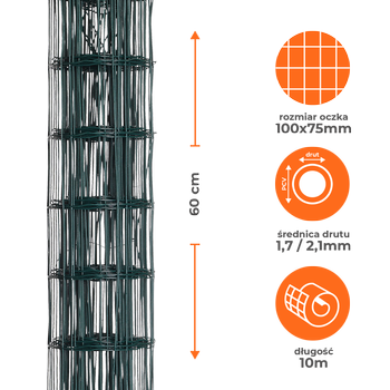 Siatka ogrodzeniowa zgrzewana powlekana PVC 0,6x10m zielona oczko 100x75mm