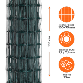 Siatka ogrodzeniowa zgrzewana powlekana PVC 1,5x25m zielona oczko 100x75mm