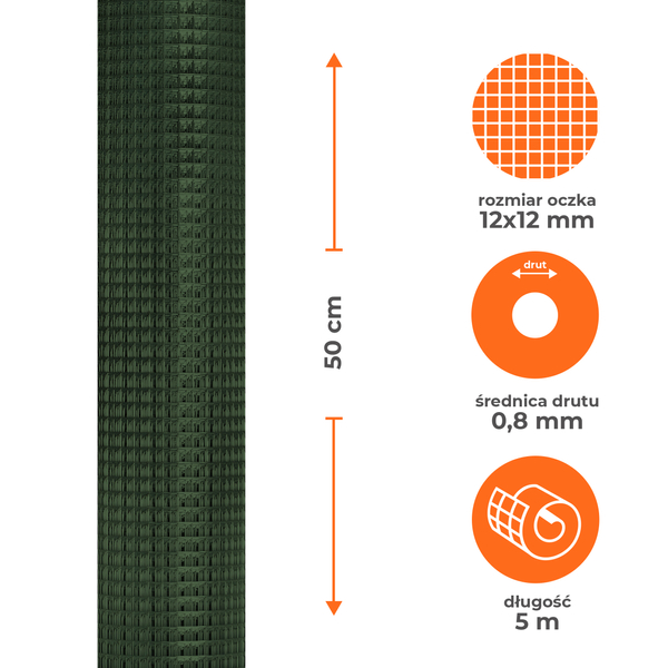 Siatka zgrzewana ocynkowana powlekana PVC zielona 0,5x5m, oczko 12x12mm, drut 0,8mm